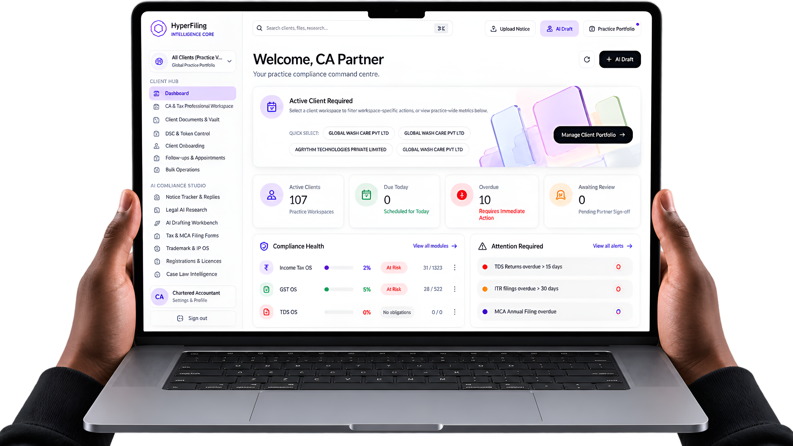 The HyperFiling dashboard, showing active clients, Income Tax, GST and TDS compliance health, and notices awaiting reply